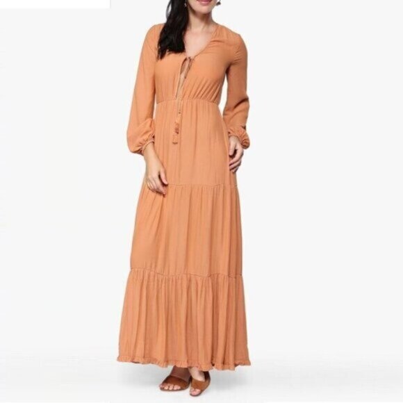 Tiered Maxi Dress Rust Bronze Billowy Sleeves Tassel Tie Front - Picture 4 of 6